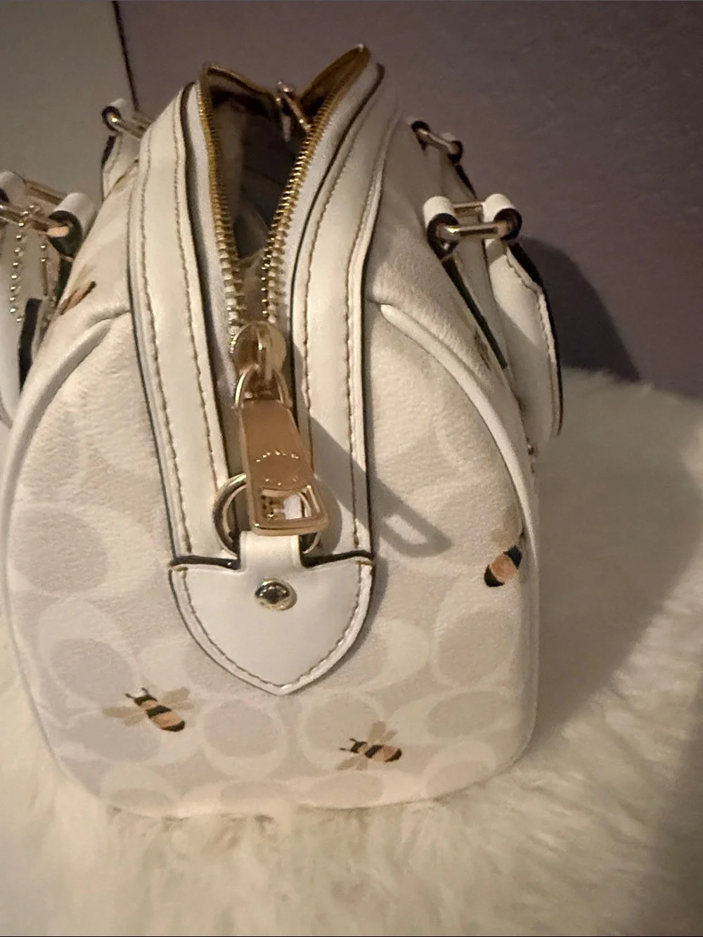 Coach White Bee Print Satchel with Gold Hardware